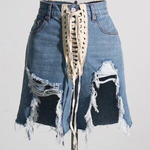 TWOTWINSTYLE Patchwork Ribbons Denim Shorts